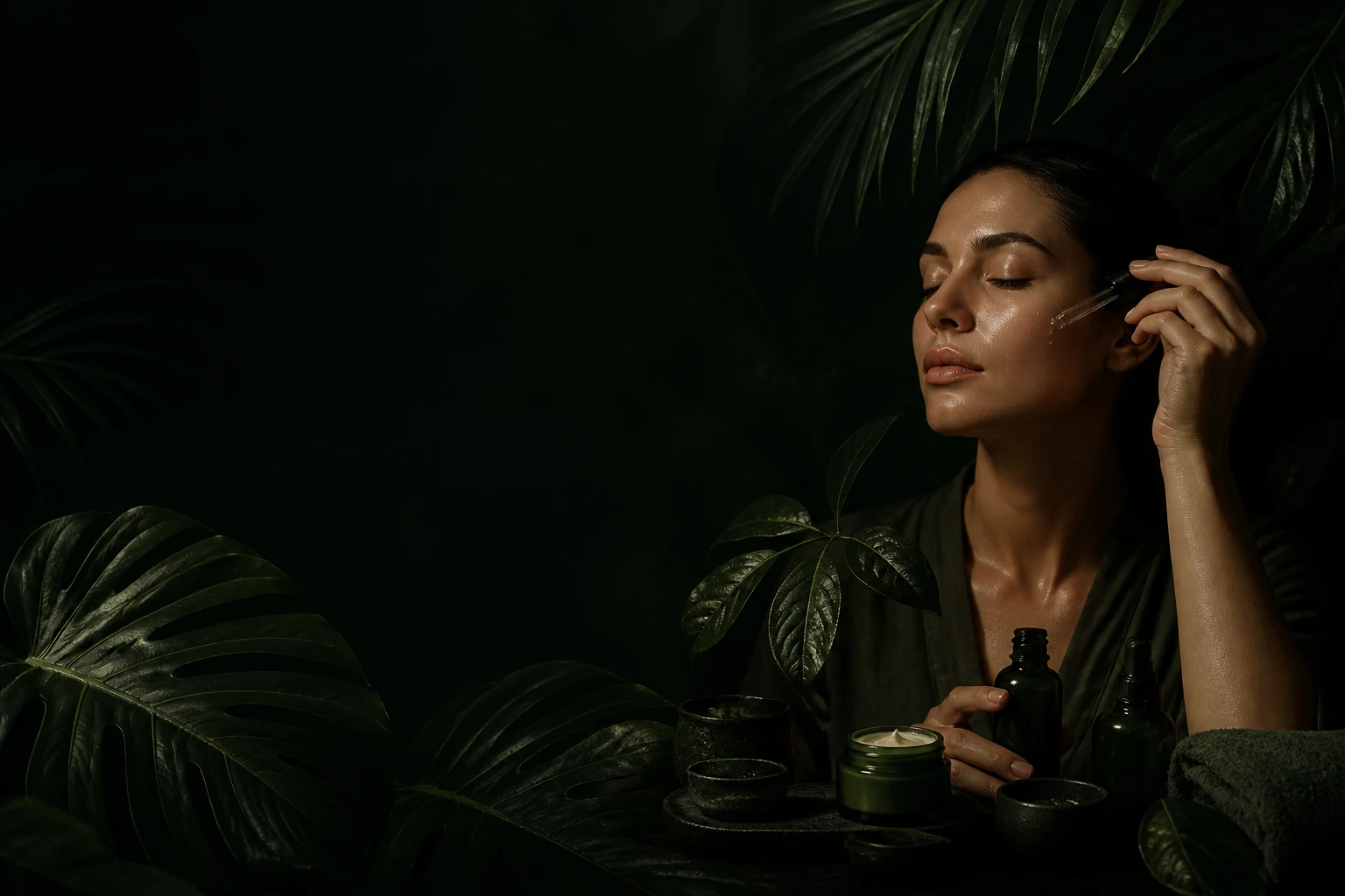 folhas tropicais e rotina de cuidado facial